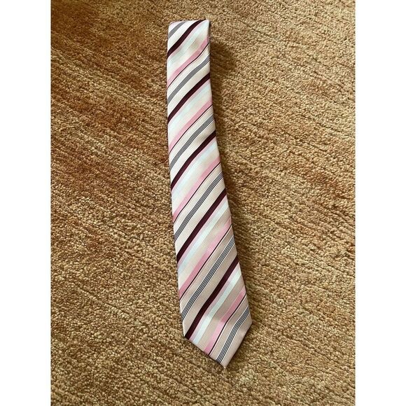Men’s Pink Burgundy Stripe Tie 100% Silk Handmade Classic Necktie Business - Picture 1 of 3